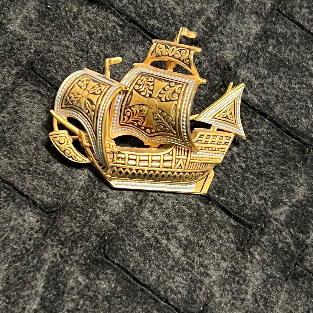 Gold Tone Decorative Ship Brooch